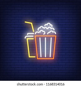 Popcorn and coke neon sign. Luminous signboard with cinema snacks. Night bright advertisement. Vector illustration in neon style for movie night, date, food