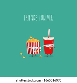 Popcorn cola 3d glasses cartoons of comic characters. Movie image friends forever. Use for card, poster, stickers, web design and print on t-shirt. Easy to edit.