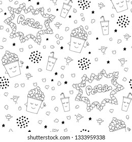 Popcorn and cola - best friends for cinema night. Funny smiling characters seamless pattern. Hand drawn vector black and white illustration. Cartoon doodle. Background, wallpaper. Colouring page.