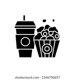 Popcorn and cola black icon, vector sign on isolated background. Popcorn and cola concept symbol, illustration 