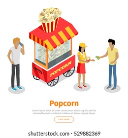 Popcorn concept web banner. Street cart store on wheels with popcorn, seller with bucket and customers with money isometric projection vector illustration on white background. For fast food cafe ad