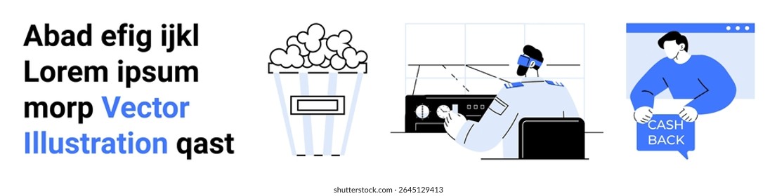 Popcorn in a container, a person working at a computer, and a person holding a cashback sign. Ideal for marketing, tech, entertainment, finance, advertising, education, e-commerce. Landing page