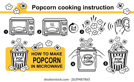 Popcorn cooking in microwave, pop corn make instruction by step line icon set. Hot fast food preparing process. Grain package heat in home kitchen electrical heater oven. Sweet eating for movie vector