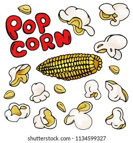 Popcorn and corn on the cob. Colorful vector illustration on white background in sketch style. For menu, web, poster. A symbol of fast food, movies, entertainment.