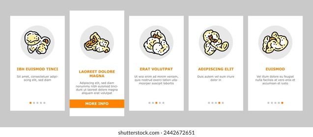 popcorn corn pop cinema onboarding mobile vector. white movie, snack bucket, food sweet, box falling, pile bag, yellow popcorn corn pop cinema Illustrations