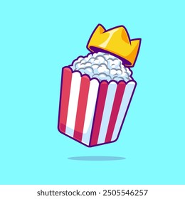Popcorn With Crown Cartoon Vector Icon Illustration. Food Object Icon Concept Isolated Premium Vector. Flat Cartoon Style