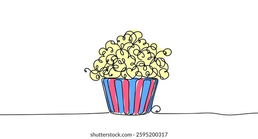 Popcorn in a cup continuous one line drawing. Vector illustration. Popcorn in a cup continuous one line drawing