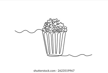 Popcorn in a cup continuous one line drawing. Vector illustration Popcorn in a cup continuous one line drawing