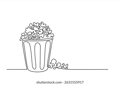 Palomitas de maíz en una taza de dibujo continuo de una línea. Ilustración vectorial Palomitas de maíz en una taza de dibujo continuo de una línea. Trazo editable.	