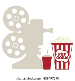 Popcorn and a cup with a drink. Silhouette of the projector. Flat vector illustration.