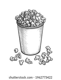 Popcorn in a cup. Ink sketch isolated on white background. Hand drawn vector illustration. Retro style.