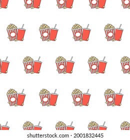 Popcorn With Cup Of Soda Seamless Pattern On A White Background. Cinema Movie Theme Vector Illustration