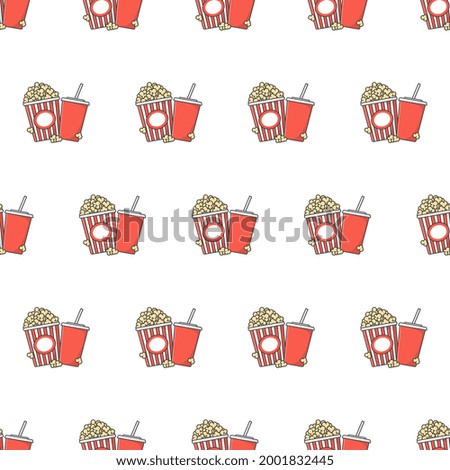 Popcorn With Cup Of Soda Seamless Pattern On A White Background. Cinema Movie Theme Vector Illustration