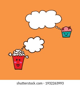 popcorn and cupcake icon with speech bubble on orange background. kawaii food of cupcake and popcorn. eyes and smiley face. hand drawn vector. comic book style, pop art color. logo, label, clipart.