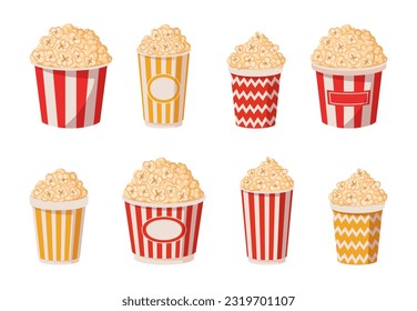 Popcorn cups. Cartoon popcorn paper buckets, popping corn salty or sweet flavour, tv or movie watching snack. Striped popcorn bucket flat vector illustration set