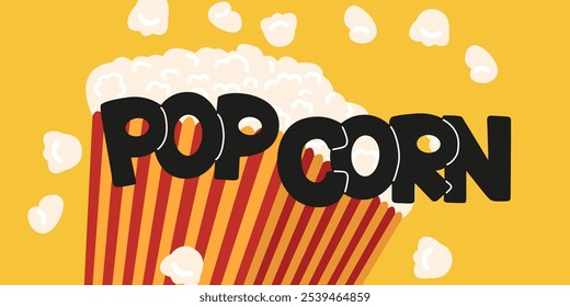 Popcorn lindo cartel de dibujos animados. Caja de papel rayada plana con palomitas de maíz y personaje de palomitas kawaii de dibujos animados. Plantilla de diseño de ilustración de cine de Vector para Anuncio, volante, tarjeta de felicitación