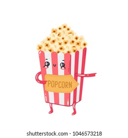 Popcorn cute character with a plaque indicating the direction in the cafe cinema where you can buy snacks. Illustration can be used to create a pointer in a cinema