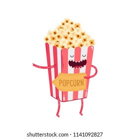 Popcorn cute character with a plaque indicating the direction in the cafe cinema where you can buy snacks. Illustration can be used to create a pointer in a cinema