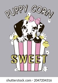 Popcorn  with Dalmatian puppy dog face and slogan puppy corn. Vector illustration.