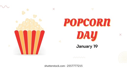 Popcorn day celebration banner, January 19, yellow and red striped cardboard bucket with snack