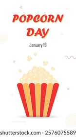 Popcorn day celebration banner, January 19, yellow and red striped cardboard bucket with snack