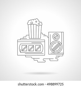 Popcorn in disposable cup, audio speaker and film strip. Retro video viewing. Movie time sign. Detailed flat line vector icon