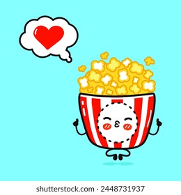 Popcorn doing yoga with speech bubble. Vector hand drawn cartoon kawaii character illustration icon. Isolated on blue background. Popcorn in love character concept