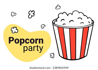 popcorn doodle icon. Hand drawn cartoon illustration of bucket of popcorn - food in cinema. American symbol of snack. Large paper cup striped to the top filled with ready-made corn for menu design