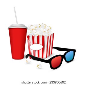 Popcorn, a drink and 3D glasses for cinema