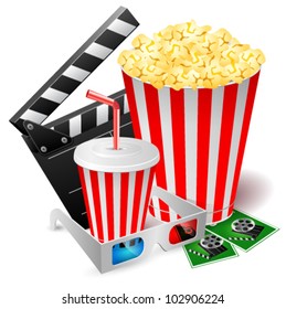 Popcorn and drink with 3d glasses and clapper. Vector illustration