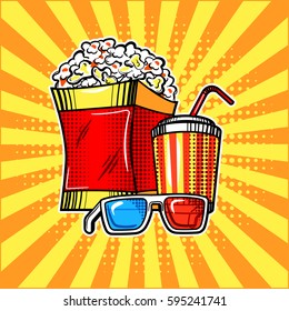 Popcorn drink and colorful cinema glasses pop art style. Cinema attributes. Hand drawn comic book imitation vector illustration