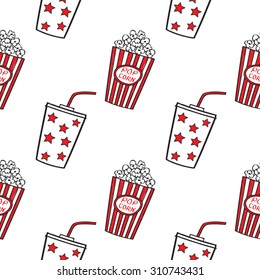 Popcorn and drink doodle vector, seamless. 