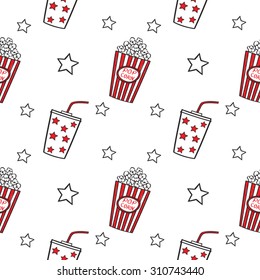 Popcorn and drink doodle vector, seamless. 