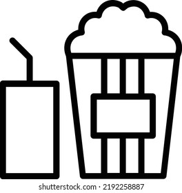Popcorn And Drink Icon With Outline Style, Entertainment Sign And Symbol Isolated On White Background