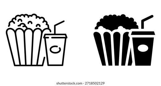Popcorn and drink icons: outline and solid styles for snacks and beverages