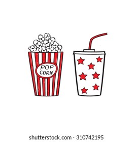 Popcorn and drink isolated on white background, vector illustration. Cinema icons doodle style.