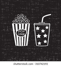 Popcorn and drink, isolated vector illustration. Cinema icons doodle style.
