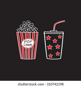 Popcorn and drink, isolated vector illustration. Cinema icons doodle style.