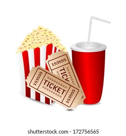 popcorn with a drink and movie tickets isolated on white background.movie icon.vector
