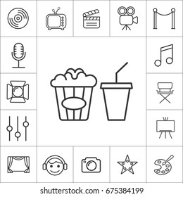 popcorn and drink. thin line entertainment, cinema icon set.
