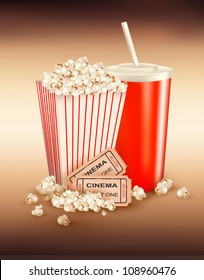 Popcorn and a drink and tickets. Vector illustration.