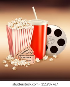 Popcorn and a drink and two tickets. Vector illustration.