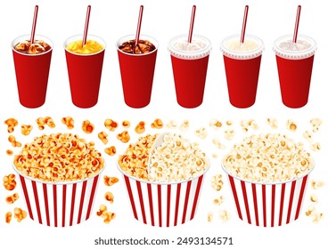 popcorn and drinks. Salt, Caramel, Half  Half. Cola, iced coffee, orange juice