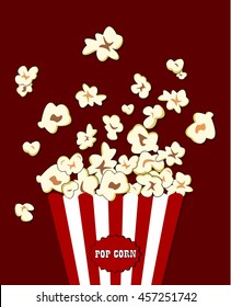 Popcorn exploding inside the red white striped packaging. Vector cinema food. Container with overflowing maize