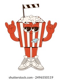 Popcorn with eyes, arms, and legs in a groovy style. Box of popcorn with a sticker. Funny cartoon character illustration in a retro style. Vector