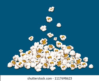 Popcorn fall down on heap isolated on blue background. EPS10 vector illustration.