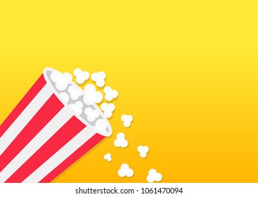 Popcorn falling down. Striped bucket box. Movie Cinema icon in flat design style. Pop corn popping. Left side template. Empty space. Yellow gradient background. Fast food. Vector illustration
