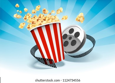 Popcorn with film roll elements in 3d illustration, striped bluebackground