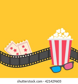 Popcorn. Film strip border. 3D glasses. Tickets. Red striped box. Cinema movie night icon in flat design style. Yellow background. Vector illustration