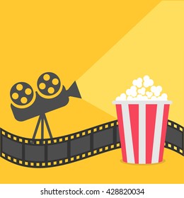Popcorn. Film strip border. Cinema projector with ray of light. Cinema movie night icon in flat design style. Yellow background.  Vector illustration